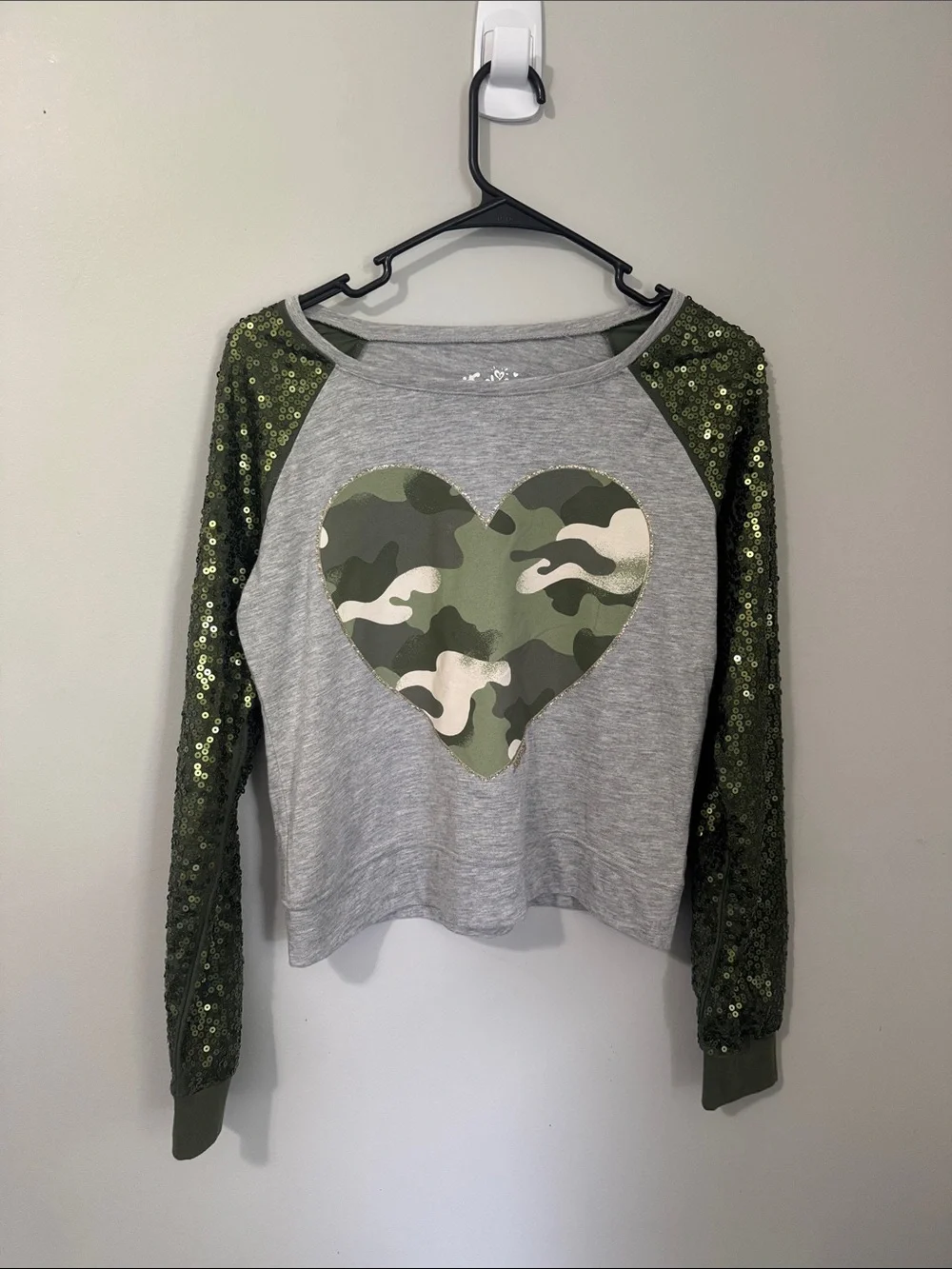Justice Grey Pullover with Green Camo Heart and Olive Sequin Sleeves